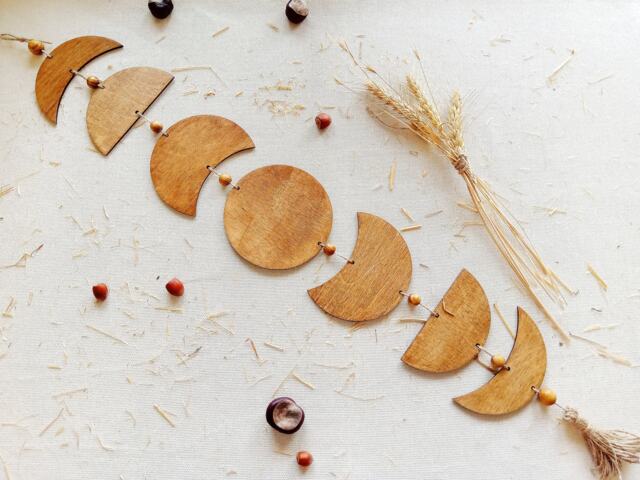 Moon Phase Boho Wall Decor, Hanging Set Of 7, Phases Garland, Banner With Wooden Beads - image 1