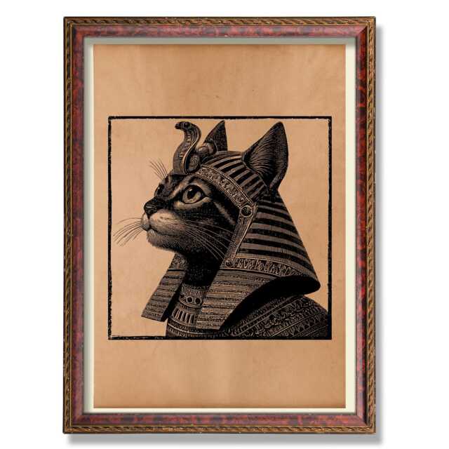Vintage Pharaoh Cat Art - Egyptian Style Animal Illustration, Antique Feline Poster, Rustic Mythical Wall Decor - image 1