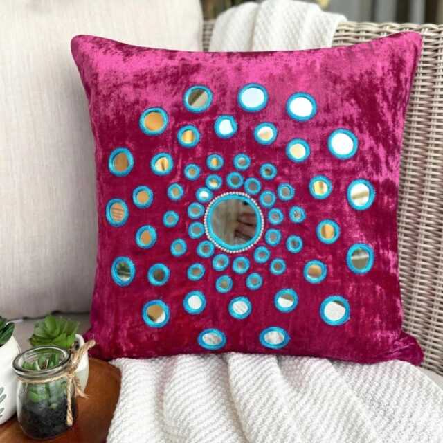 Mirror Embroidered Fuchsia Pink Velvet Circle & Dots, Contemporary Throw Pillow Cover - Of Images - image 1