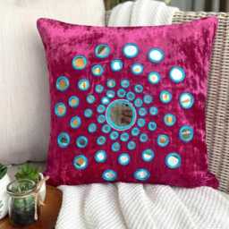 Mirror Embroidered Fuchsia Pink Velvet Circle & Dots, Contemporary Throw Pillow Cover - Of Images