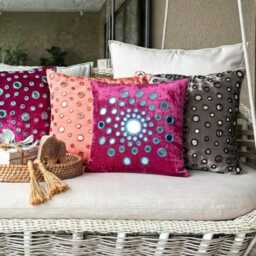 Mirror Embroidered Fuchsia Pink Velvet Circle & Dots, Contemporary Throw Pillow Cover - Of Images - thumbnail 3