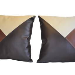 "2 Brown Tan & Cream Tri Style Faux Leather Cushion Covers 16"" 18"" 20" - thumbnail 4
