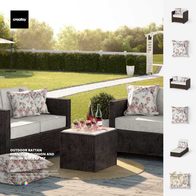 Outdoor Rattan Furniture Cushion & Pillow Mockup Set For Patio Wicker Sofa Chair Chaise - image 1