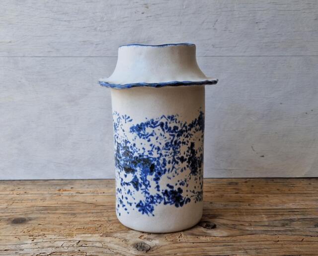 Blue & White Vintage Looking Ceramic Vase Handmade, Handbuilt For Flowers, Housewarming Gift - image 1