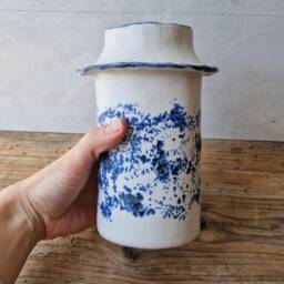 Blue & White Vintage Looking Ceramic Vase Handmade, Handbuilt For Flowers, Housewarming Gift - thumbnail 3