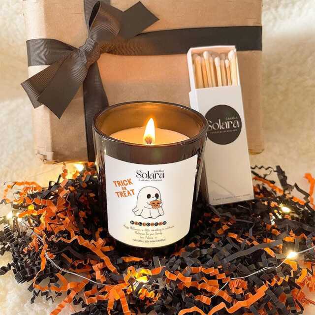 Trick Or Treat Cute Ghost Halloween Gift, Personalised Scented Candle Present For Mum Dada Friends Sister, Pumpkin Season Gift - image 1