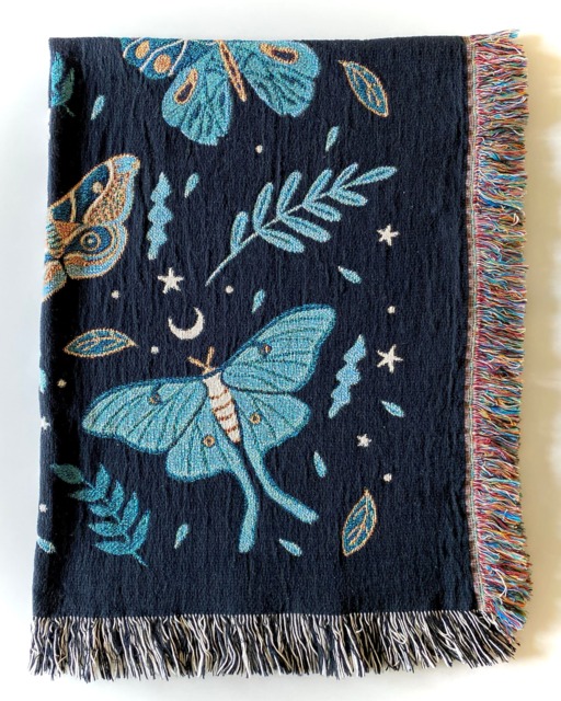 Luna Moth Throw Blanket Woven Cotton Jacquard Tapestry, Fringed Edge - image 1