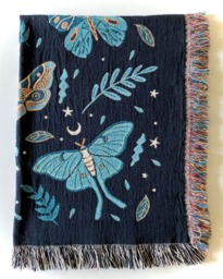 Luna Moth Throw Blanket Woven Cotton Jacquard Tapestry, Fringed Edge - thumbnail 1