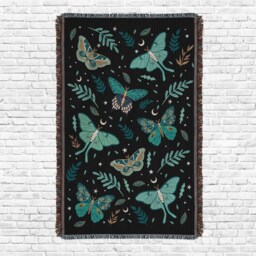 Luna Moth Throw Blanket Woven Cotton Jacquard Tapestry, Fringed Edge - thumbnail 2