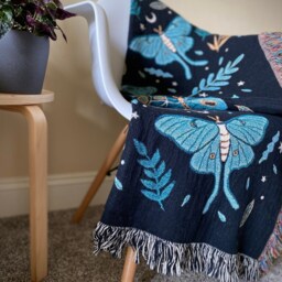 Luna Moth Throw Blanket Woven Cotton Jacquard Tapestry, Fringed Edge - thumbnail 3