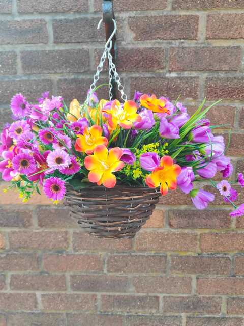 Purple Orange Artificial Flower Hanging Basket Cosmos & Tulip, 10 Inch - image 1