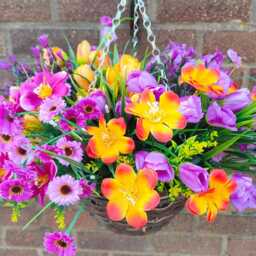 Purple Orange Artificial Flower Hanging Basket Cosmos & Tulip, 10 Inch - thumbnail 2