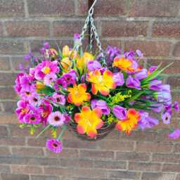 Purple Orange Artificial Flower Hanging Basket Cosmos & Tulip, 10 Inch - thumbnail 3