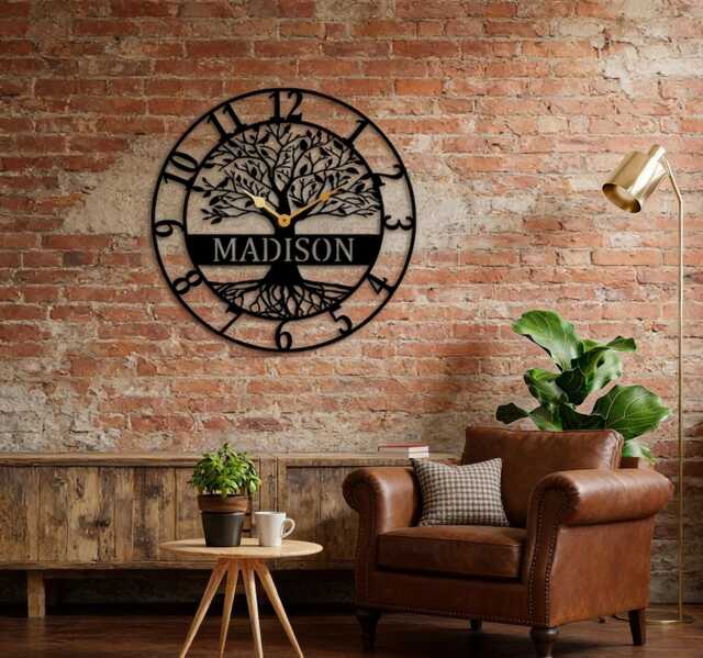 Personalized Name Tree Of Life Silent Metal Large Wall Clock, Custom Family Last Metal Sign Art, Housewarming Wedding Gift - image 1