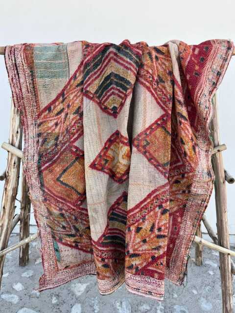 Vintage Handmade Reversible Cotton Kantha Quilt Throw Blanket - image 1