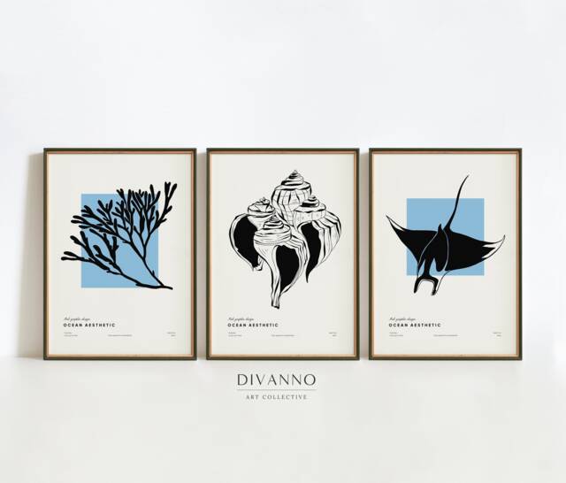 Sea Set Of 3 Prints, Botanical Ocean Collection, Beach Wall Art, Marine Gallery Minimalist Blue Home Decor, Digital Canvas, Gift Idea - image 1