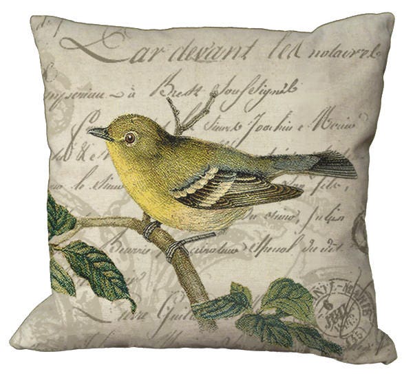Yellow Bird On French Letter 18x18 Natural Cotton