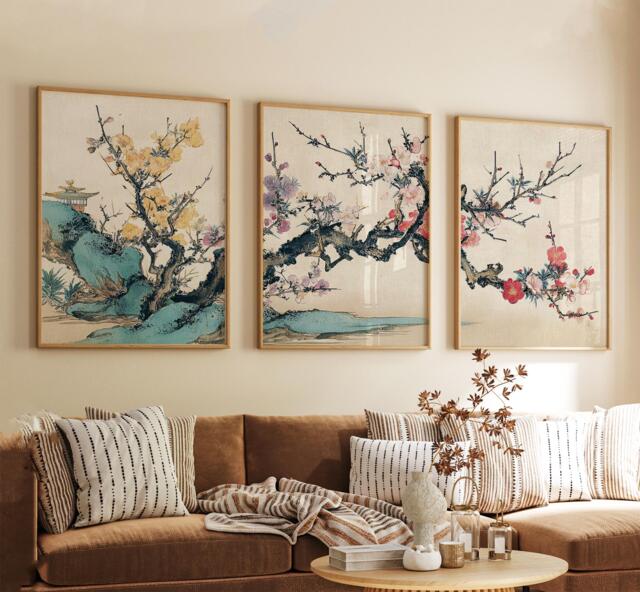 Japanese Plum Blossom Poster Set - Kyoto Temple Wall Art Floral Oriental Print Beige & Pastel Colours - image 1