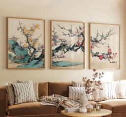 Japanese Plum Blossom Poster Set - Kyoto Temple Wall Art Floral Oriental Print Beige & Pastel Colours - thumbnail 1