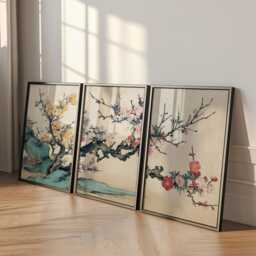 Japanese Plum Blossom Poster Set - Kyoto Temple Wall Art Floral Oriental Print Beige & Pastel Colours - thumbnail 3
