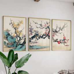 Japanese Plum Blossom Poster Set - Kyoto Temple Wall Art Floral Oriental Print Beige & Pastel Colours - thumbnail 2