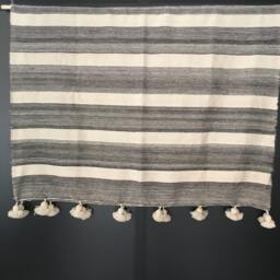 Moroccan Pom Blanket Loomed By Hand, Bohemian Blanket, Berber Wool Hand Woven, Handmade Bed Spread, Cover - thumbnail 2