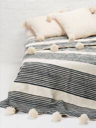 Moroccan Pom Blanket Loomed By Hand, Bohemian Blanket, Berber Wool Hand Woven, Handmade Bed Spread, Cover