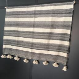 Moroccan Pom Blanket Loomed By Hand, Bohemian Blanket, Berber Wool Hand Woven, Handmade Bed Spread, Cover - thumbnail 3