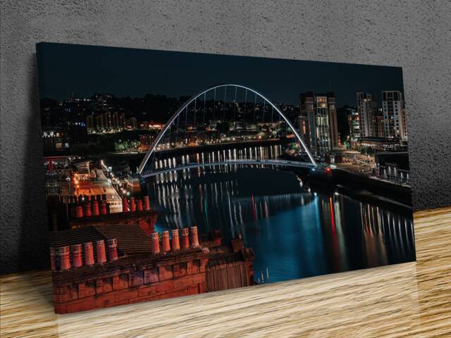 Gateshead Millennium Bridge, Reflections Yellow Lights , Sunset Museum , United Kingdom Home D??cor, Mounted Canvas Wall Art Print - image 1