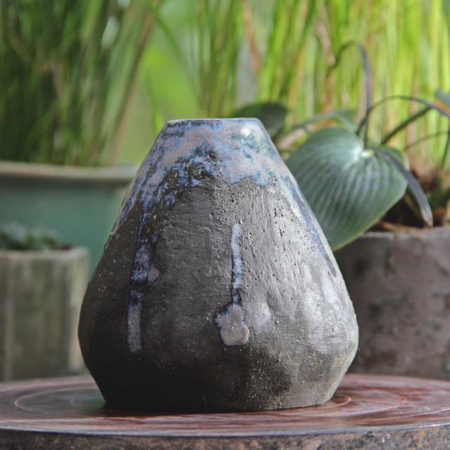 Handmade Blue Glazed Black Clay Bud Vase Wabi Sabi Pottery - image 1