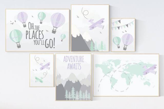 Adventure Nursery Decor Purple Mint Hot Air Balloon, World Map Prints - image 1