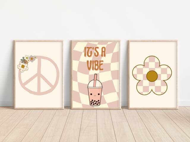 Set Of 3 Positive Retro Style Teen & Tween Prints. Dusty Pink Cream It's A Vibe, Checkered Flower Peace Sign Prints - Prints Only - image 1