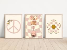 Set Of 3 Positive Retro Style Teen & Tween Prints. Dusty Pink Cream It's A Vibe, Checkered Flower Peace Sign Prints - Prints Only - thumbnail 1