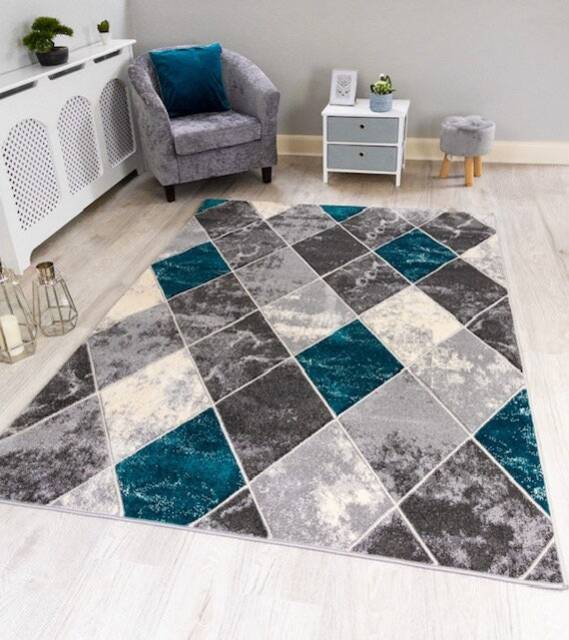 New Dark Teal Jade Cream Silver Grey Diamond Design Rugs Small Large Modern Mats