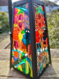 Macaw Parrot Garden Lantern, Tropical Window Art, Bird Lamp Or Hanging Candle Rich Rainbow Parakeets, Jungle Lover Sun Catcher Gift - thumbnail 1