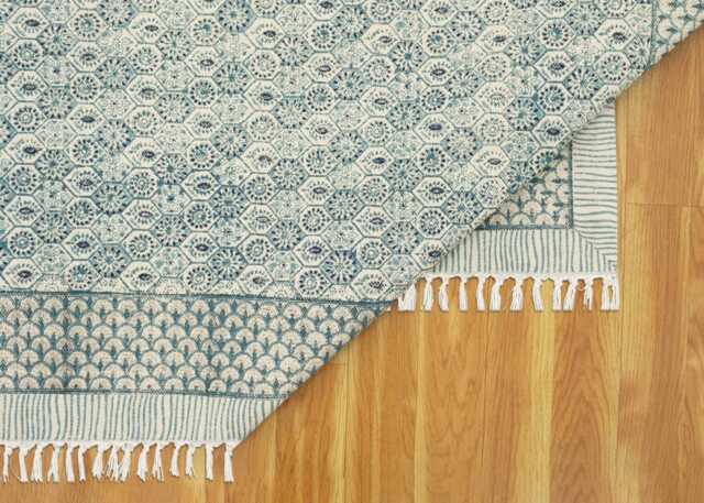 Floral Handmade Block Printed Rug Light Grey/ Beige Cotton Area Bedroom Large Hallway Custom Size 8x10 3x30 12x12 Feet - image 1
