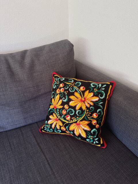 Embroidered Pillow Cover With Yellow Black Red Flower Pattern- Boho Style Handmade Home Decor- Plants Botanic Pillow - image 1