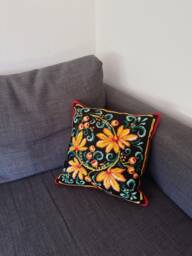 Embroidered Pillow Cover With Yellow Black Red Flower Pattern- Boho Style Handmade Home Decor- Plants Botanic Pillow - thumbnail 1
