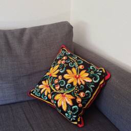 Embroidered Pillow Cover With Yellow Black Red Flower Pattern- Boho Style Handmade Home Decor- Plants Botanic Pillow - thumbnail 3