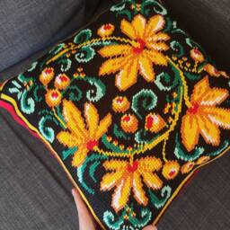 Embroidered Pillow Cover With Yellow Black Red Flower Pattern- Boho Style Handmade Home Decor- Plants Botanic Pillow - thumbnail 4