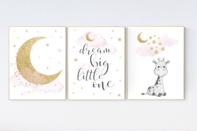 Giraffe Nursery Print Gold Moon, Pink Clouds, Stars Wall Art - image 1