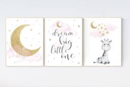 Giraffe Nursery Print Gold Moon, Pink Clouds, Stars Wall Art - thumbnail 1