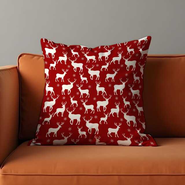Red Reindeer Christmas Cushion Cover, White Deer Silhouette Throw Pillowcase With Snowflakes, Festive Holiday Decor For Sofa Or Cabin - image 1
