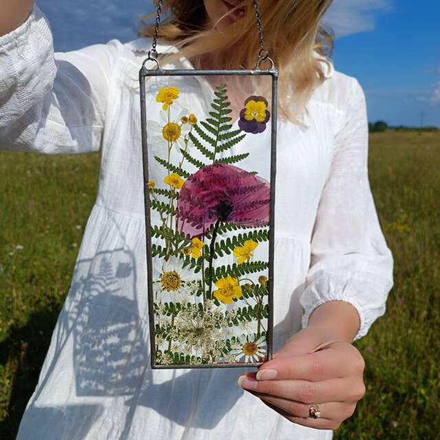 Real Poppy Stained Glass Suncatcher Pressed Flower Wall Art - image 1