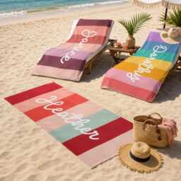 Rainbow Beach Towel, Custom Multicolor Towel With Name, Name Pool For Kids/Adult, Groovy Retro Style Vacation Gift - thumbnail 3