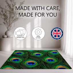 Peacock Feather Print Rug Bedroom Floor Living Room Decor Teal Blue Green Gold Jewel Tone Animal Pattern Bohemian Luxury Statement Colourful - thumbnail 2