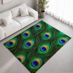 Peacock Feather Print Rug Bedroom Floor Living Room Decor Teal Blue Green Gold Jewel Tone Animal Pattern Bohemian Luxury Statement Colourful
