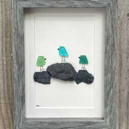 3 Sea Glass Birds On Rock Piles, 6x8 - thumbnail 2