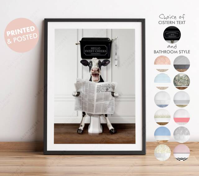 Dairy Cow On Toilet With Newspaper, Old Victorian Toilet, Funny Bathroom Print, Animal Holstein Farm Paper, Whimsy - image 1