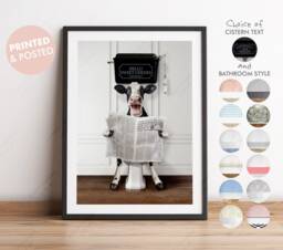 Dairy Cow On Toilet With Newspaper, Old Victorian Toilet, Funny Bathroom Print, Animal Holstein Farm Paper, Whimsy - thumbnail 1